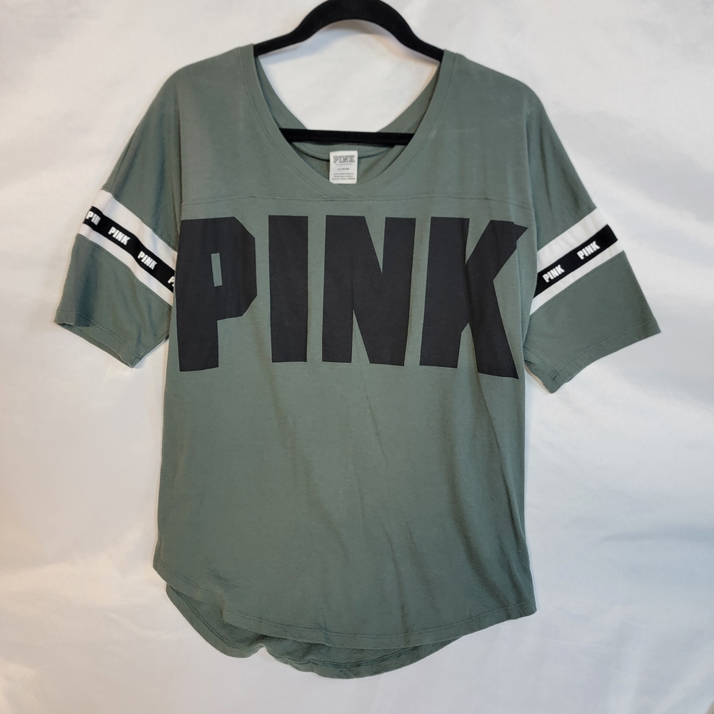 PINK Victoria's Secret Baseball Style Tee with Army Green And Black Logo